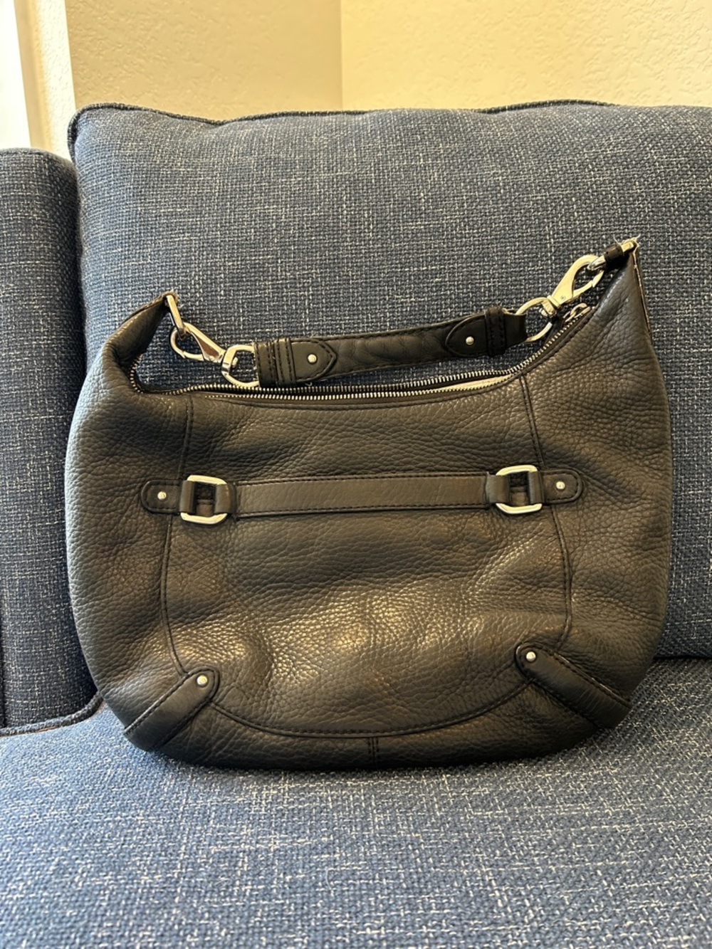 Cole Haan Black Pebbled Leather Shoulder Bag with Silver Hardware